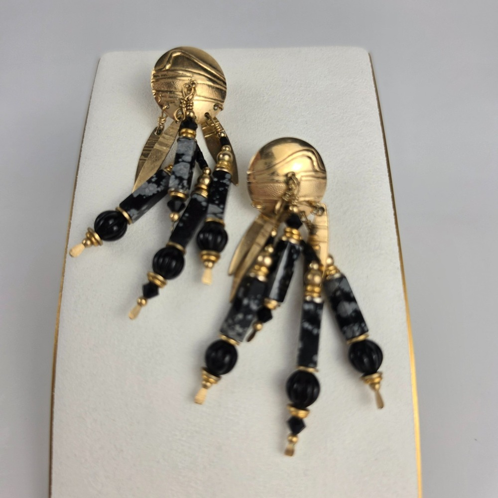Vintage Tabra Signed Gold Tone Snowflake Obsidian Chandelier Pierced‎ Earrings
